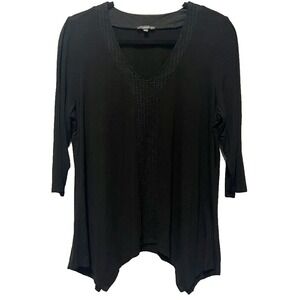 Adrianna Papell Woman's‎ Top 1X Black V Neck 3/4 Sleeve Viscose Handkerchief Hem